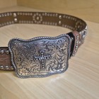 Nocona Western Crystal Studded Bling Cross Brown Leather Belt   Buckle Size 22