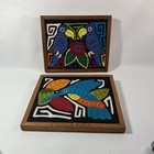 Set Of 2 Wooden Framed Mola Textile Bird Parrot Hummingbird Wall Art Appliqu  