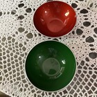 Two Vintage Emalox Of Norway Green   Red Enamel 4 Inch Metal Bowl Mcm Danish