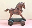 Vintage Antique Wooden Hand Carved Pull Toy Horse On Platform With Wheels 1900 s
