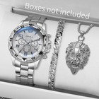 Men Watch Stainless Steel Bracelet Necklace Set Analog Quartz Dial Wristwatch
