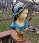 Rare Grinam Niam French Peasant Girl Polychrome Painted Bonnet 18 In Bust Statue