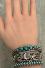 Old Vintage Native American Navajo Hand Cut Turquoise Sterling Bracelet 6 75 In