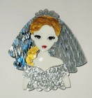 Nwot Acrylic Brooch Pin 3d Auburn Hair Pretty Bride Blue Veil Tiara Wedding 