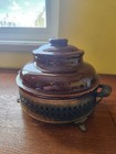 Vintage Round Stoneware Crock Bean Pot Lid   Metal Stand Brown Eclectic Cottage