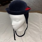 Vintage Childs Blue Velvet Dress Hat  Fold Up Ear-tabs ties   Red Feather Mint  
