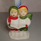 Vintage Ceramic Christmas Carolers Taper Candlestick Holder Figurine W Snow