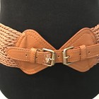 Woven Stretch Waist Belt Womens One Size Brown Wide Double Buckle Faux Leather