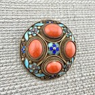 Vintage Art Deco Chinese Gold Wash Silver Filigree Enamel Red Coral Pin Brooch
