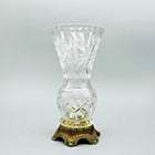 Vintage Crystal Cut Glass Trumpet Vase Pinwheel   Starburst W ornate Metal Base