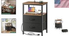 Rustic Brown Nightstand With Charging Station   2 Fabric Drawers   Modern Design