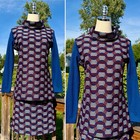 Vintage 70s Mod Blue   Purple Geometric Op Art Poly Knit Mock Neck Skirt Set