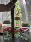 Vintage Coca-cola Set Of 3 Glass Canisters Multicolor Stripes White Lids 