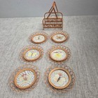 Vintage Bamboo Wicker Drink Coasters Set Pressed Butterfly Glass Caddy Boho 7pc