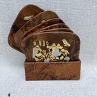 Vintage Egyptian Leather Coasters Set Of 6 With Holder Brown Gold Embossed