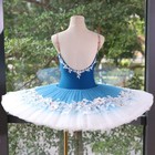 Girls Professional Blue Ballet Tutu Dress Handmade Floral Applique Stage Costume