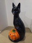 Vtg Halloween Black Cat With Pumpkin Ceramic Tea Light Candle Holder 12  