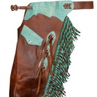 Teal Rose Leather Chinks Floral Tooled Teal Accents Twisted Fringe - Chaps New