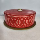 Mid Century Modern Red Gold Covered Cake Dessert Pastry Tin Retro Kitchen Party
