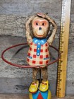 Vintage Plaything Mechanical Hula Hoop Monkey Wind Up Tin Litho Toy Japan Works