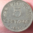 1896 Pgv Puerto Rico 5 Centavos Silver Coin - Au  about Uncirculated  Condition