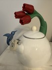 Ancona 1990s Vintage Whistling Teapot     Bluebird   Tulips     Enamel Kettle