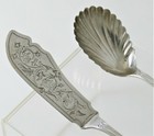 American Pure Coin Silver Strawberry Pattern Butter Knife   Sugar Spoon 1870 Wow