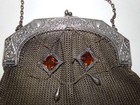 Large Antique Heavy German Silver Mesh Purse Gold Stones