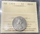 1924 Canada Five Cents Coin  Iccs Cert   Xzj 163-  ms 62   Beautiful Coin-unc