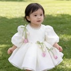 Girls White Organza Fit   Flare Dress Long Puff Sleeve Bow Beaded Zip