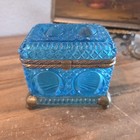Vintage Antique Russian Blue Glass Casket With Brass Or Bronze Hinge  Footed