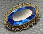 Vintage Art Deco Blue Faceted Czech Glass Crystal Filigree Brass Tone Brooch Pin