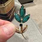 Vintage Gold Tone Flower Brooch Pin Green Marquise Stones Prong Set 4 Gemstones