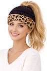 C c Women Solid Ribbed Knit Messy Bun Ponytail Beanie Hat With Leopard Cuff