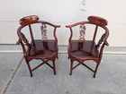 Vintage Pair Of Asian Chinese Carved Rosewood Corner Arm Chairs