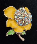 Vintage Mid Century Yellow Enamel Aurora Borealis Rhinestone Flower Brooch 1 75 