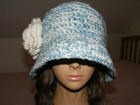 Handmade Crocheted Bucket cloche Hat   Dusty Turquoise   Cream