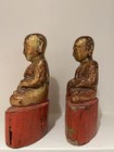 Pair Of Antique Gilt Wood Burmese Buddha Monks Statues 19th Century