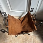 Large Vintage Iron   Leather Fireplace Log Holder Sling Rack Folding Firewood