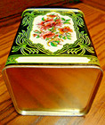 Vtg Floral Square Candy Tin Small Container W lid black  Gold made England   320