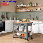 Kitchen Cart With Acacia Wood Shelves Rolling Storage Trolley Utility Island New