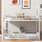 Metal Twin Over Twin House Bunk Bed With Fence Ladder And Door For Kids Child