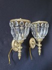 Vintage Antique Pair French Empire Brass Crystal 1 Light Sconces Wall Lights
