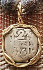 Spanish Colonial Pirate Shipwreck 2 Reales Silver Cob Coin 14k Pendant Necklace