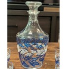 Vintage Mcm Blue Silver Leaf Cordial Decanter   Shot Glass Set Luminarc France