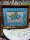 Vtg Framed Handmade  Needlepoint Blue Elephant Nursey Children