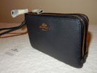 Nwt Coach Double Corner Zip Wristlet - Pebble Leather Midnight Blue F87590