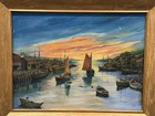 Antique C1940 Sunset Harborscape Oil Painting  red Sails In Sunset  By Lebishe 