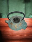 Vintage Japanese Style Cast Iron Teal Teapot With Butterfly Design Lid Handle