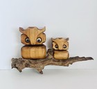 Vintage    70   s Mcm Hand Carved Wooden Owl Figurines On Branch   7x11 Wall Art